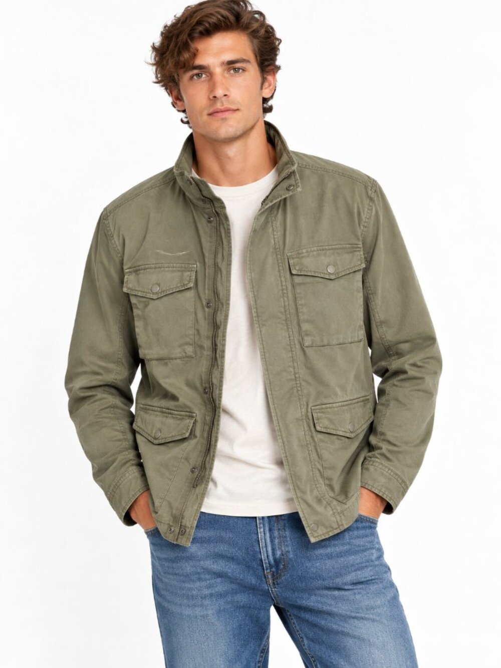 Lucky Brand Mens Utility Field Jacket Medium Green Military Workwear Gorpcore